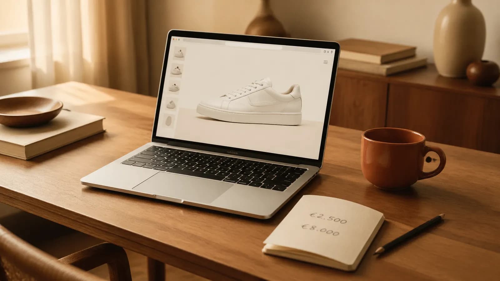 Laptop met een Shopify webshop op een houten bureau, notebook met prijzen