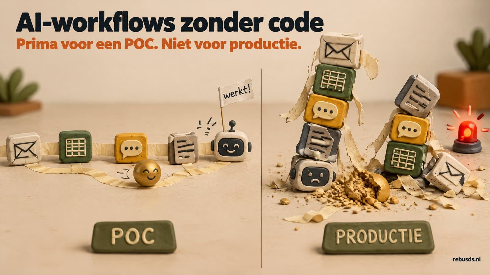 Klei-illustratie: links een werkende POC-workflow van vijf blokjes met plakband, rechts dezelfde workflow in productie die scheurt en afbrokkelt