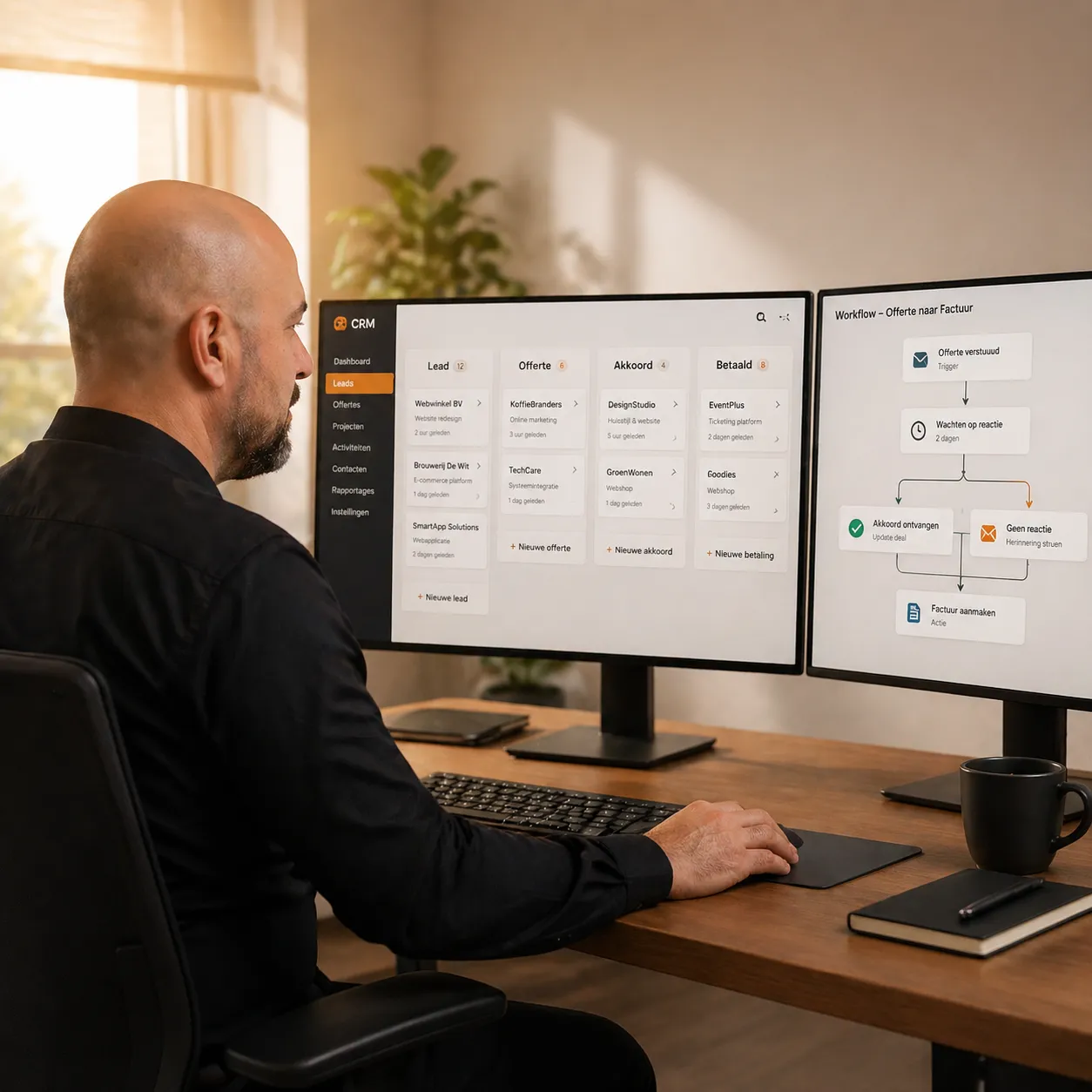 Remco Bussing werkt aan een CRM-systeem en bedrijfsautomatisering op twee monitors