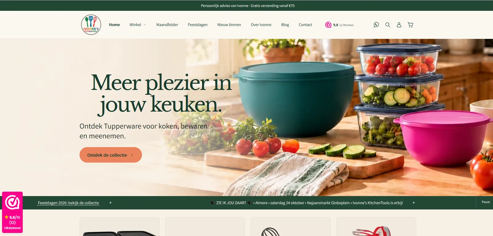 Nieuwe homepage van Ivonne's Kitchen Tools: rustige keukenfoto, grote serif-kop, reviewscore en marktagenda
