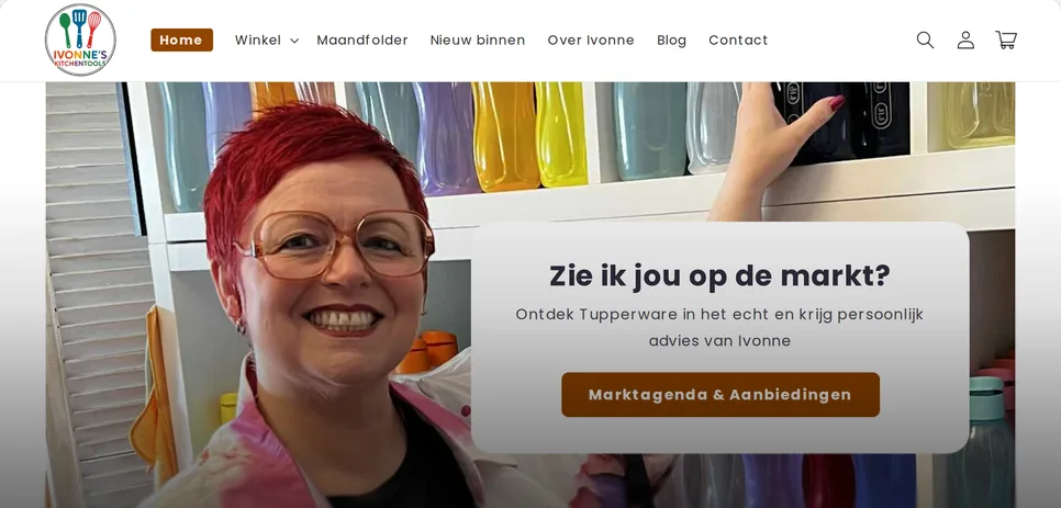 Oude homepage van Ivonne's Kitchen Tools: standaard Shopify-thema met een grote foto en een grijs tekstblok